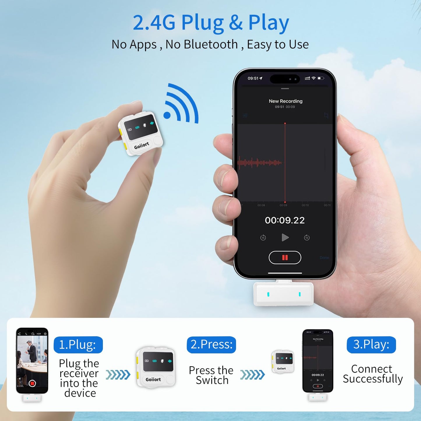 Goiiort Wireless Lavalier Microphone for iPhone: for Video Recording,Podcasting & Streaming: Professional Mic with Smart Noise Reduction, 30H Battery