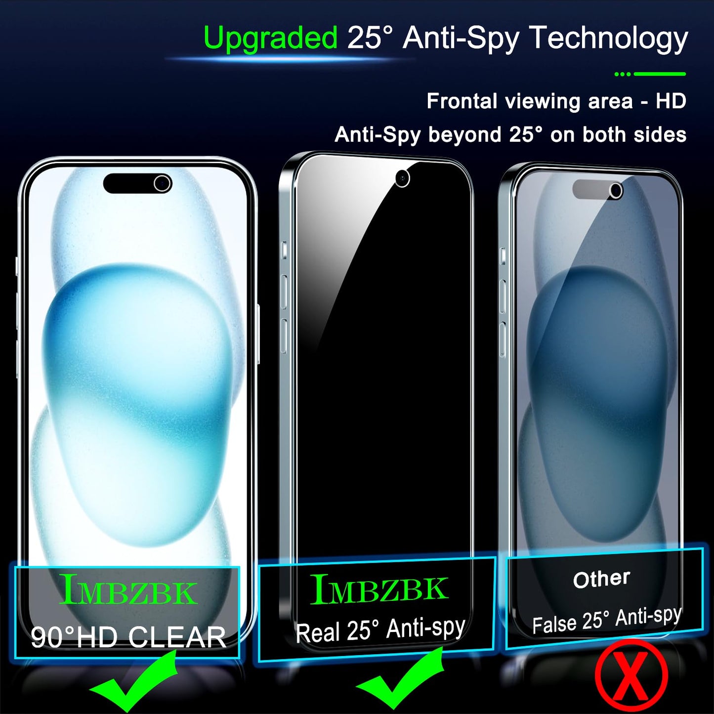 IMBZBK 3 Pack Privacy Screen Protector for iPhone 15,Tempered Glass