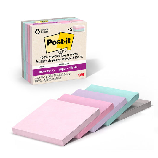 Post-it 100% Recycled Super Sticky Notes, 3 x 3 in, Pastels, 5 Pads