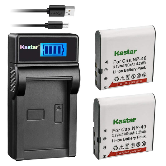 Kastar Battery (X2) & LCD USB Charger for NP-40 and Exilim Z400 FC100 FC150 FC160S P505 P600 P700 Z100 Z1000 Z1050 Z1080 Z1200 Z200 Z30 Z300 Z40 Z450