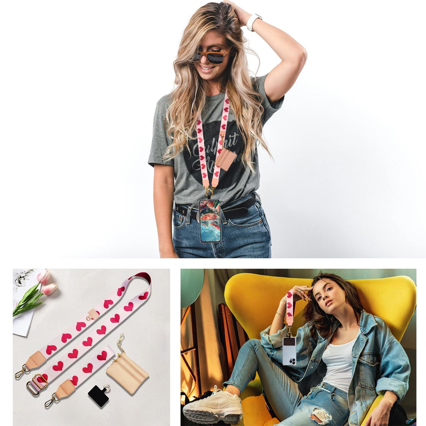 LIVLOV Clip and Go Strap for Phone with Zippered Wallet Crossbody, Extended Length Mobile Lanyard with Adjustable Phone Wristlet, Girls Go Strap
