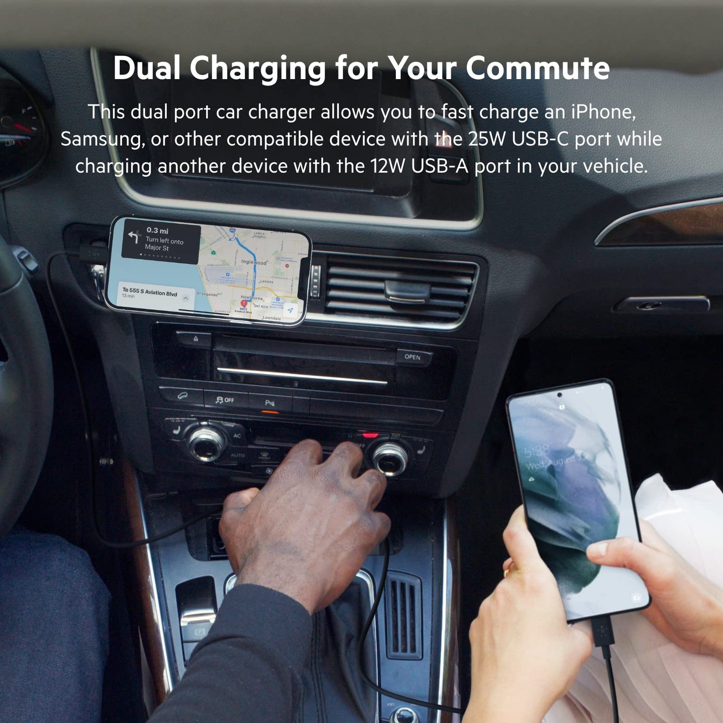 Belkin 37W Dual Port Fast Car Charger with 3.3ft USB-C Cable Included, USB-C 25W PPS Port and USB-A 12W Port for Galaxy S23, S23+, Ultra, Note20