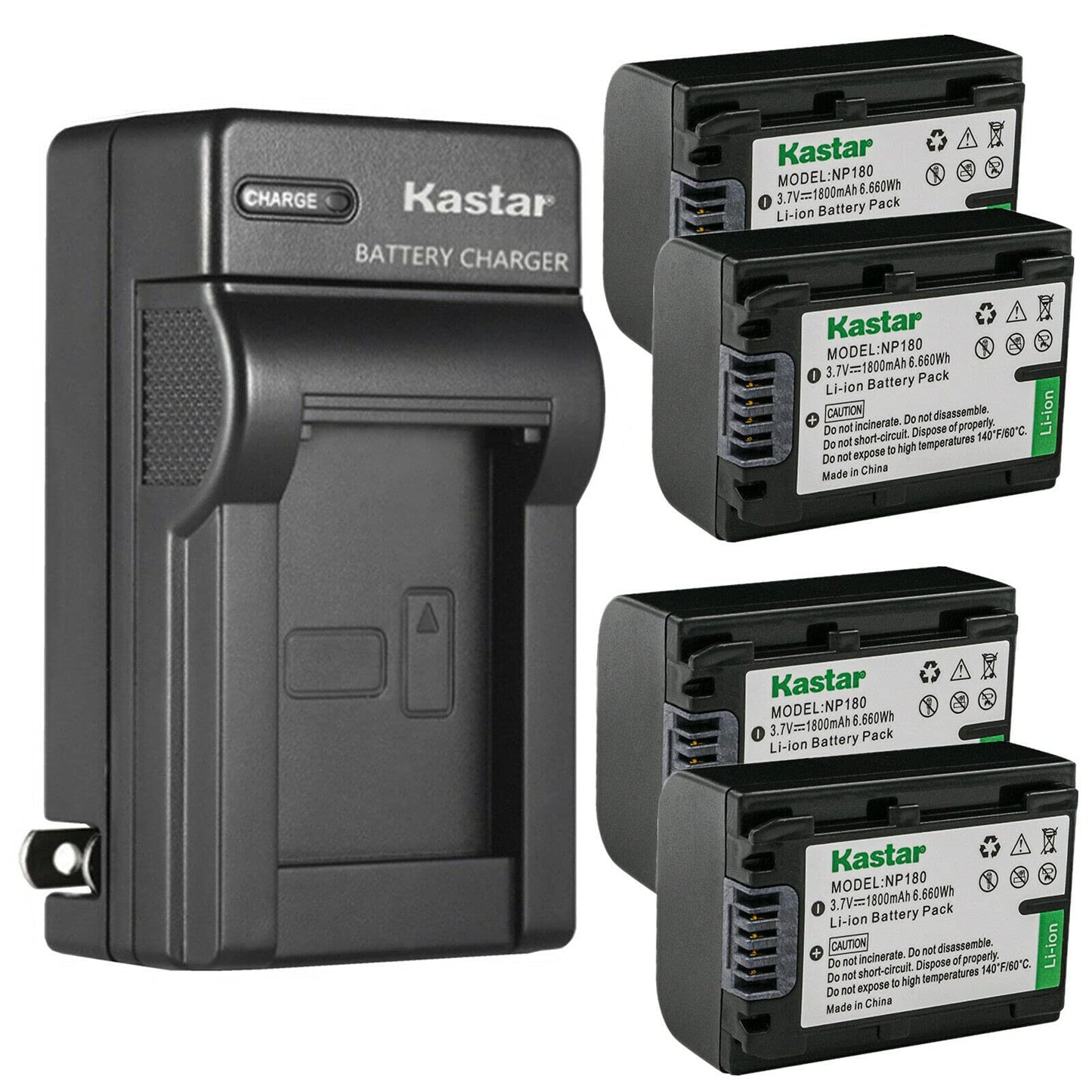 Kastar 4-Pack Battery and AC Wall Charger Replacement for Ordro NP-180 NP180 Battery, ORDRO HDR-AE8 UHD 1080P 60FPS DV Camera, Ordro AE8 Digital
