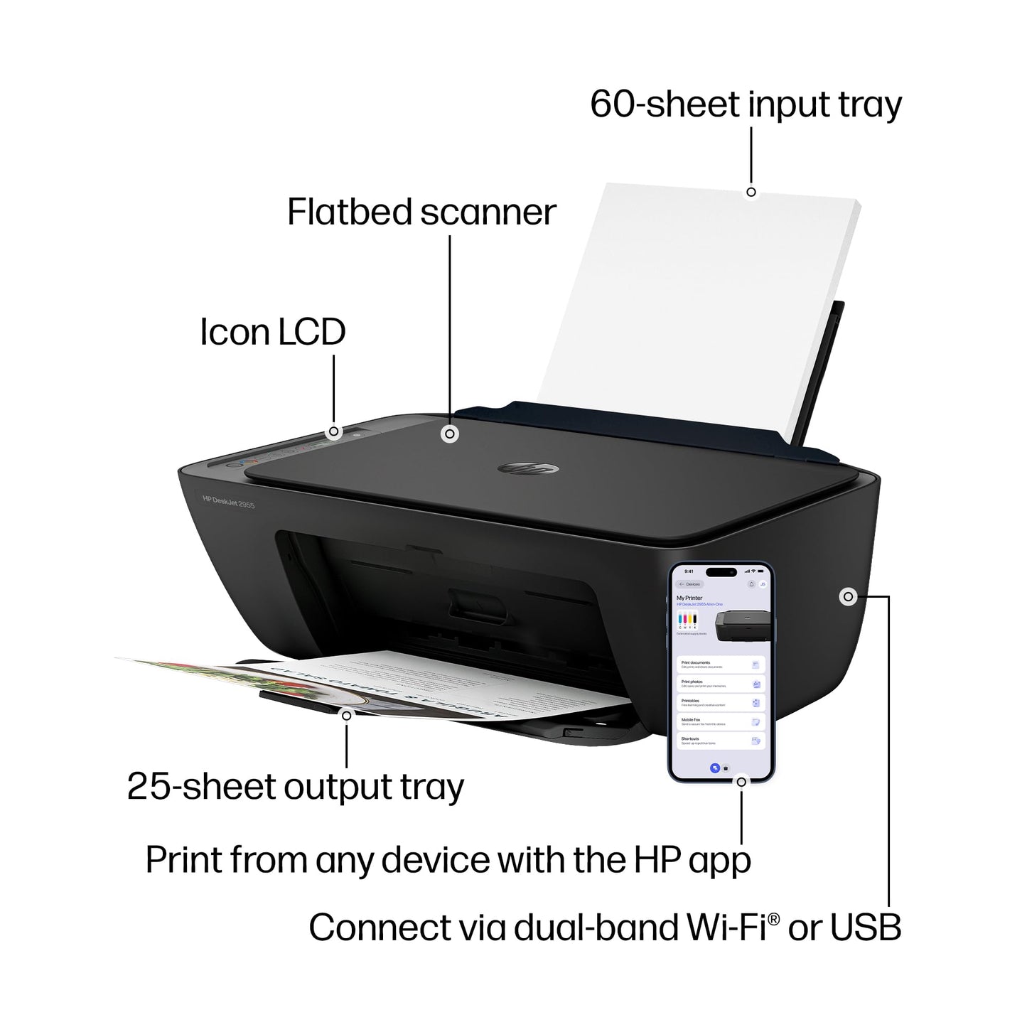 HP DeskJet 2955 Wireless All-in-One Color Inkjet Printer, Scanner, Copier, Best-for-Home, 3 Month Trial of Instant Ink Included, AI-Capable (A24HJA)