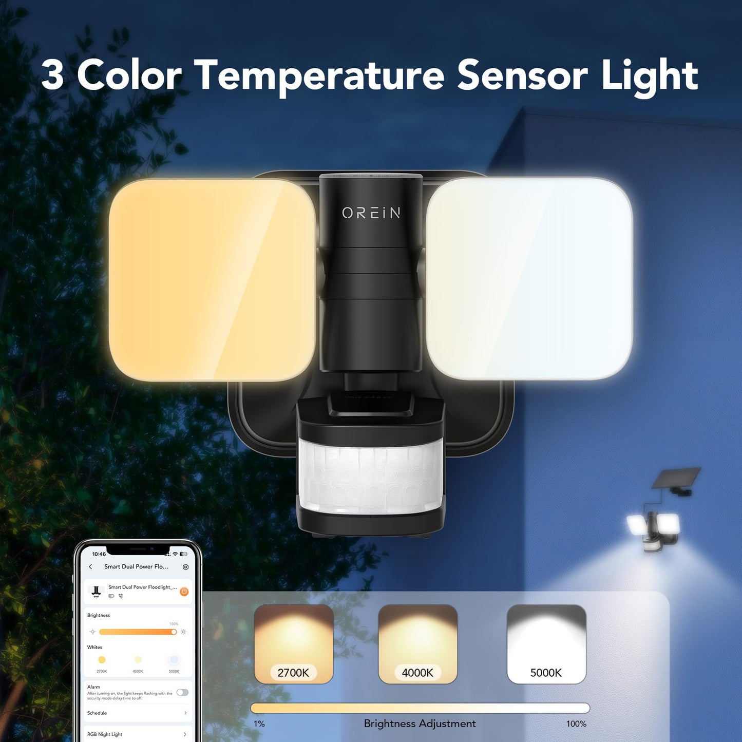 OREiN Wired and Solar Hybrid LED Smart Motion Sensor Light Outdoor Flood Lights with RGB Uplight Bluetooth APP Solar Motion Lights Outdoor Waterproof