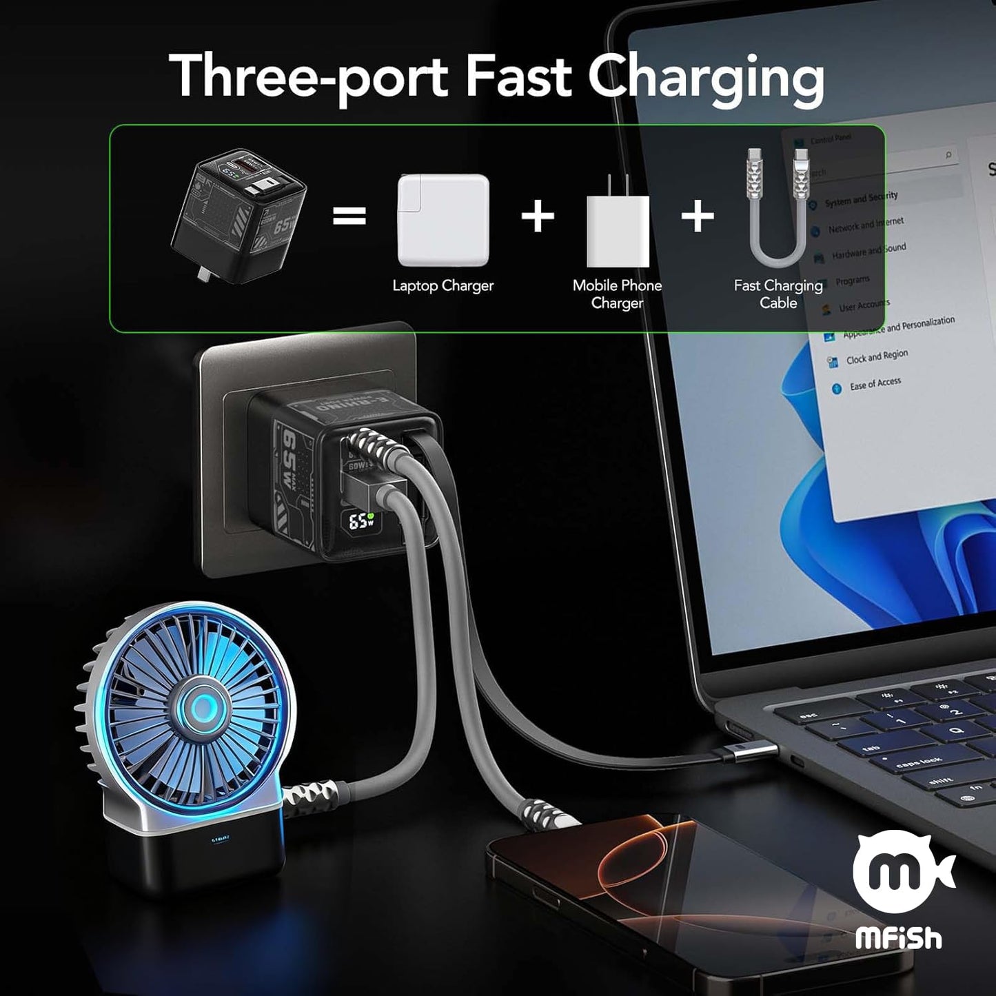 MFish 65W GaN Fast Wall Charger, USB C Charger Block Built?in 2.6ft Retractable USB?C Cable, USB?C & USB?A Wall Charger with Digital Display