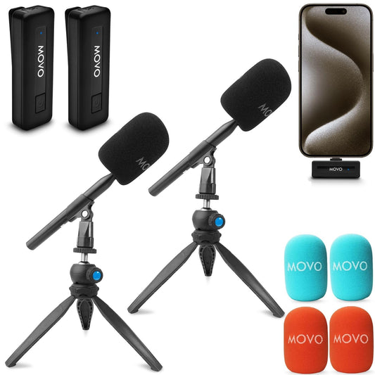Movo Wireless Mini UC-Duo USB-C Wireless Microphone for iPhone 15/16/Android/PC/Macbook Podcast Equipment Bundle with WMX-HM Handle/Desktop Mic Stand