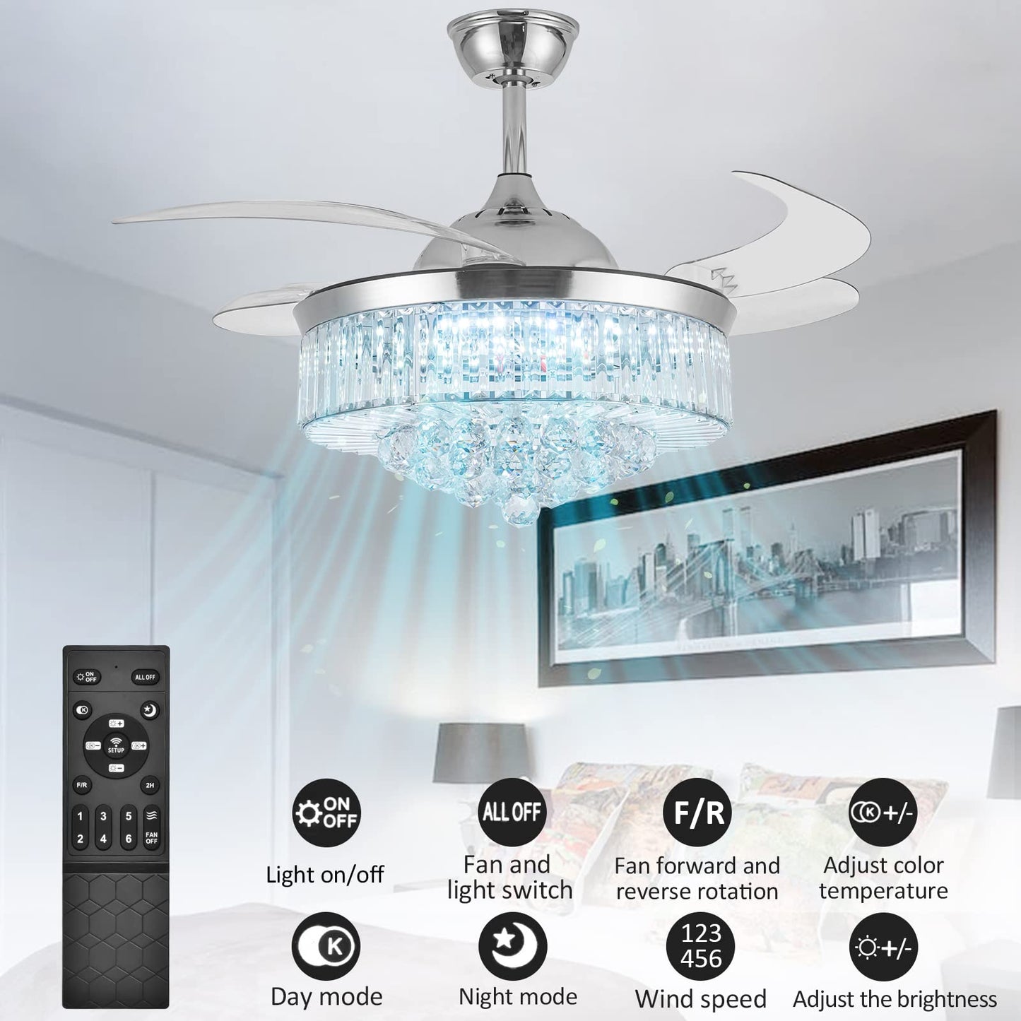 DatingDay 36" Invisible Ceiling Fan Chandelier Light,Modern Crystal Ceiling Fan Light Remote Control 4 Retractable ABS Blades for Bedroom Living Room