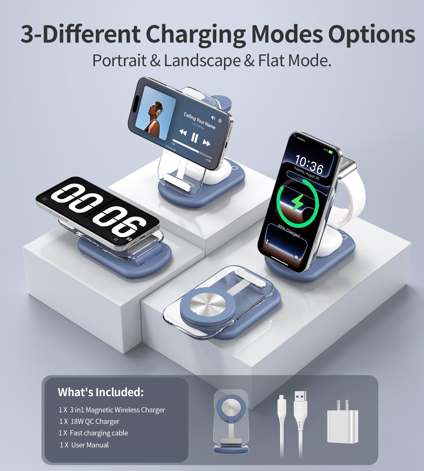 3 in 1 Magnetic Wireless Charging Station for Apple Devices, Fast Foldable Mag-Safe Charger Stand with Night Light for iPhone 17 16 15 14 13 12