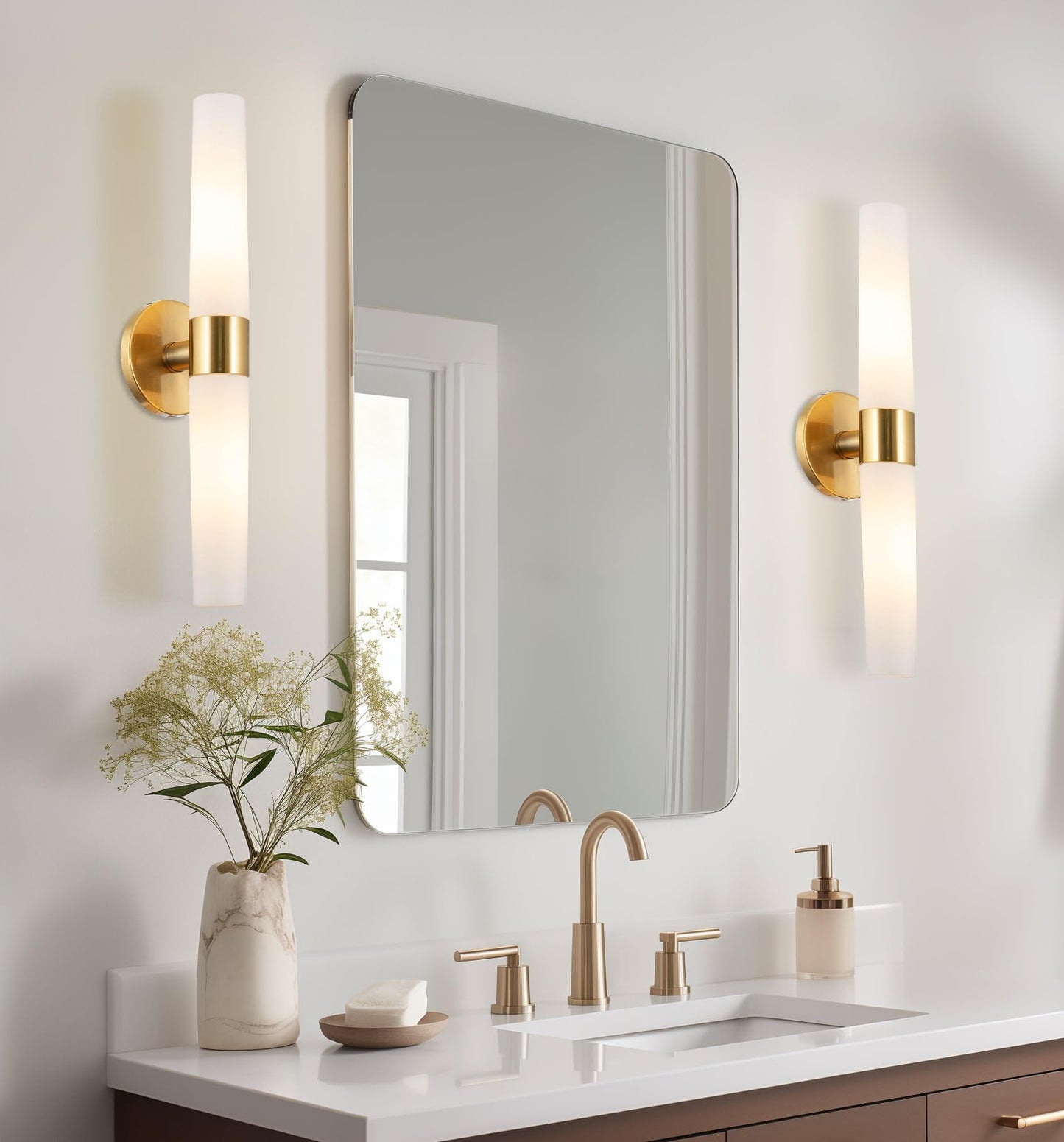 Kira Home Duo 21" Modern Gold Wall Sconce with Frosted Glass Cylinder Shades, Linear 2-Light Gold Wall Light, Cool Brass Finish