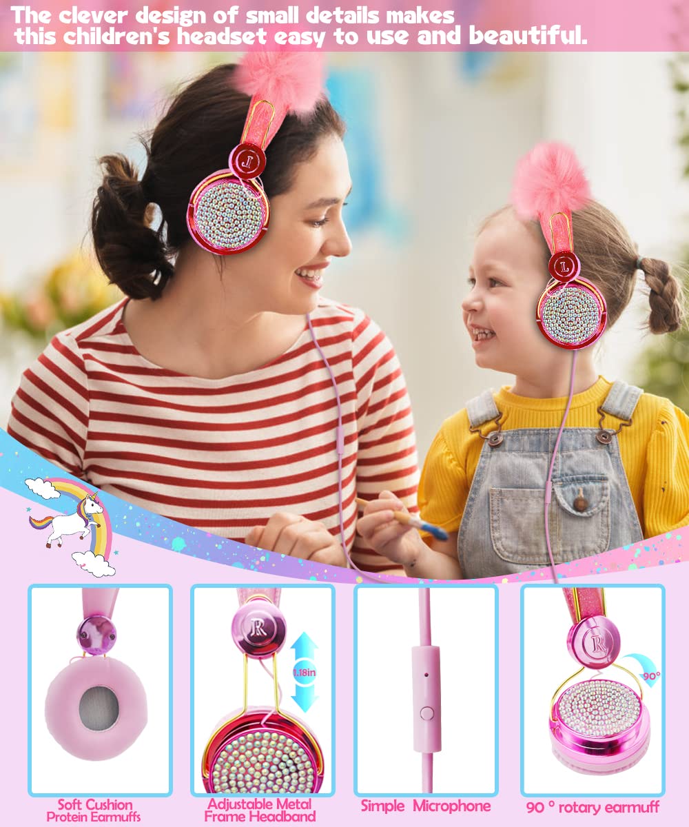 SVYHUOK Girls Pink Pompon Wired Headphones,Cute Cat Ear Kids Game Headset for Teens Tablet Laptop PC,Over Ear Children Headset withMic,for School…