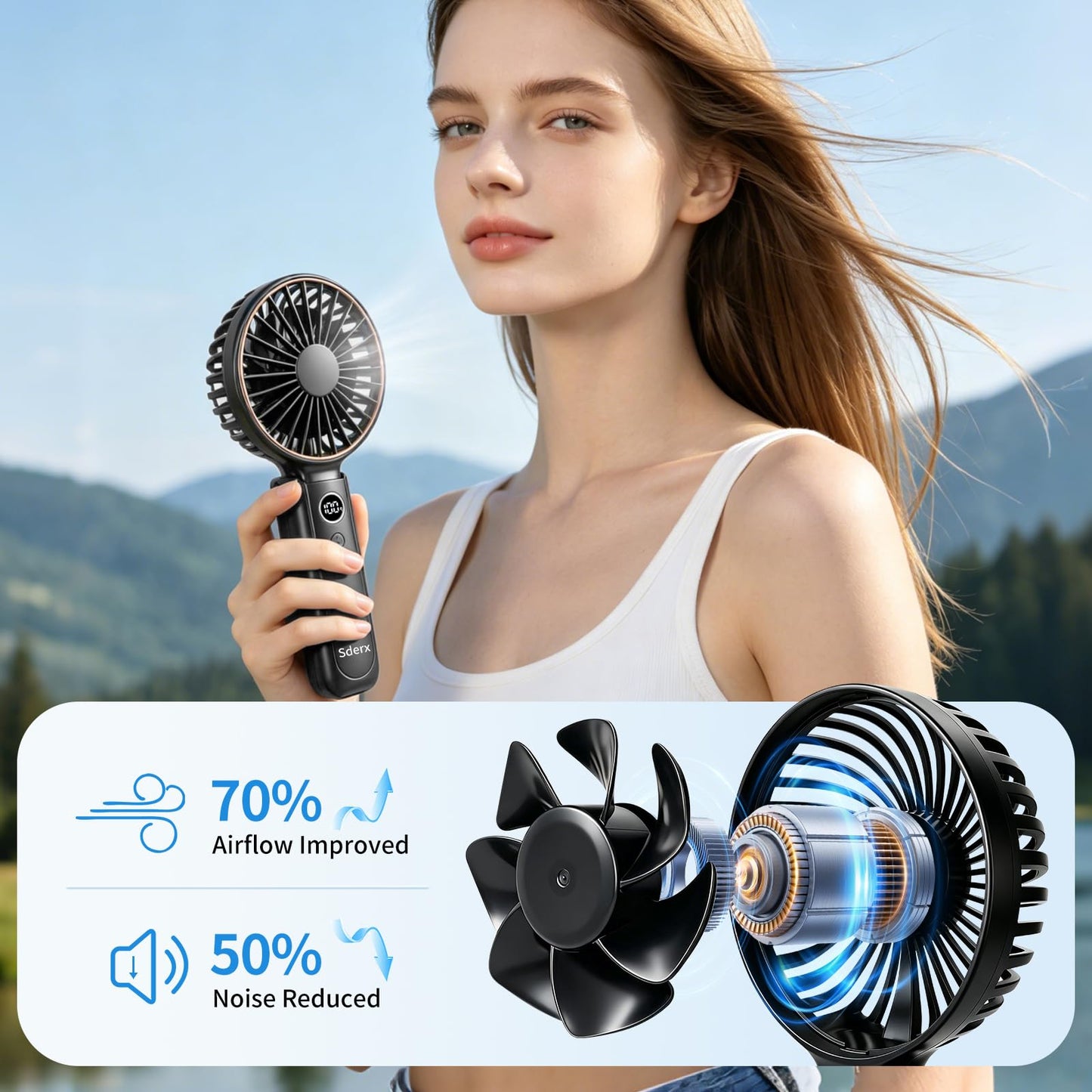 Sderx Handheld Fan, 5000mAh 3-in-1 Foldable Fan, 24H Battery Life