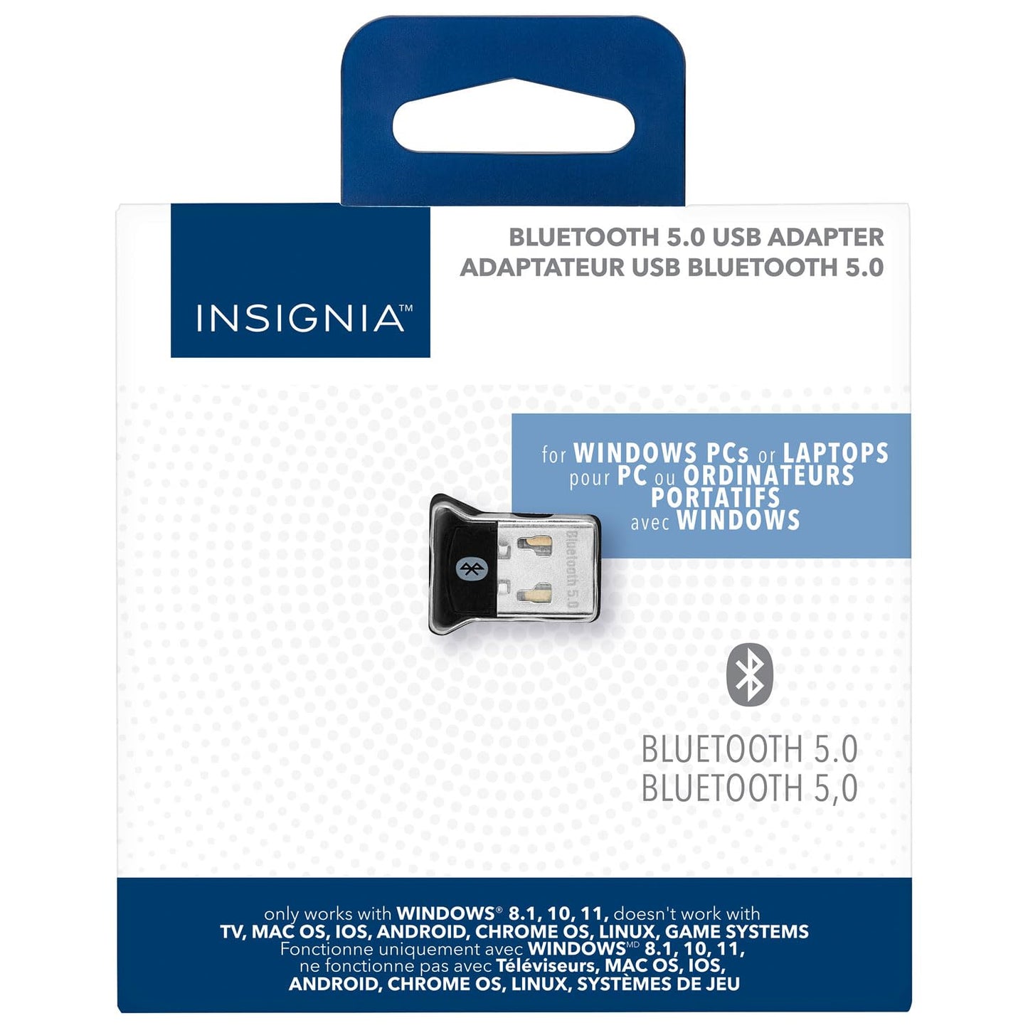 Insignia USB Bluetooth 5.0 Adapter for PC, Dongle Receiver, Plug and Play, Nano Compact Design, EDR & BLE, Supports Windows 11/10/8.1/7 for Desktop
