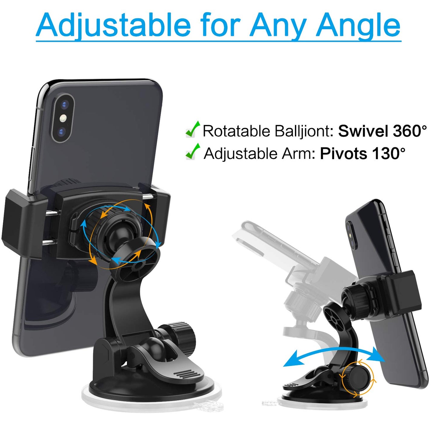 APPS2Car Suction Cup Phone Holder for Car with Adjustable Arm, Low Profile Dashboard Phone Mount Compact Windshield Window Dash Mobile Stand