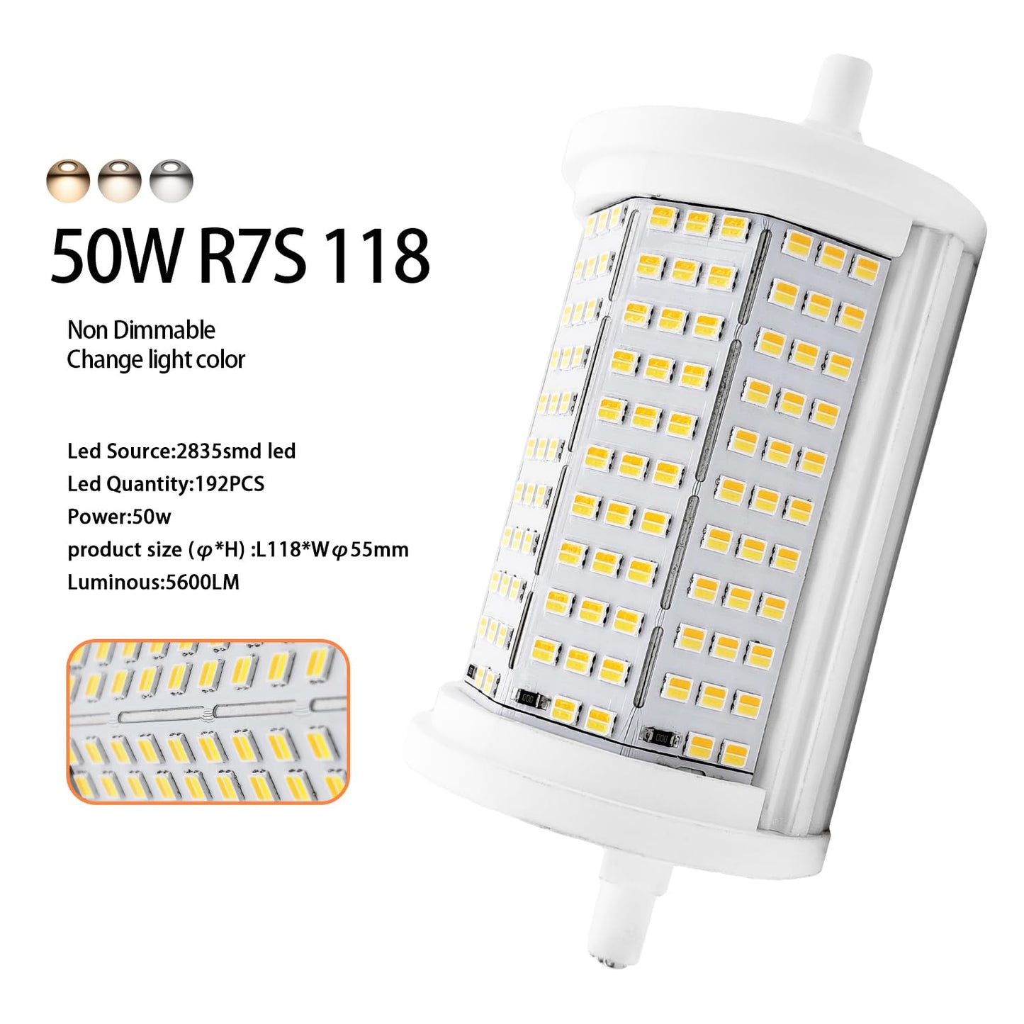 QLEE R7S 50W LED Bulb 118mm NO Dimmable 3CCT Adjustable J Type Linear Double Ended Studio & Flood Light Equivalent 500W Halogen Floodlight Bulbs