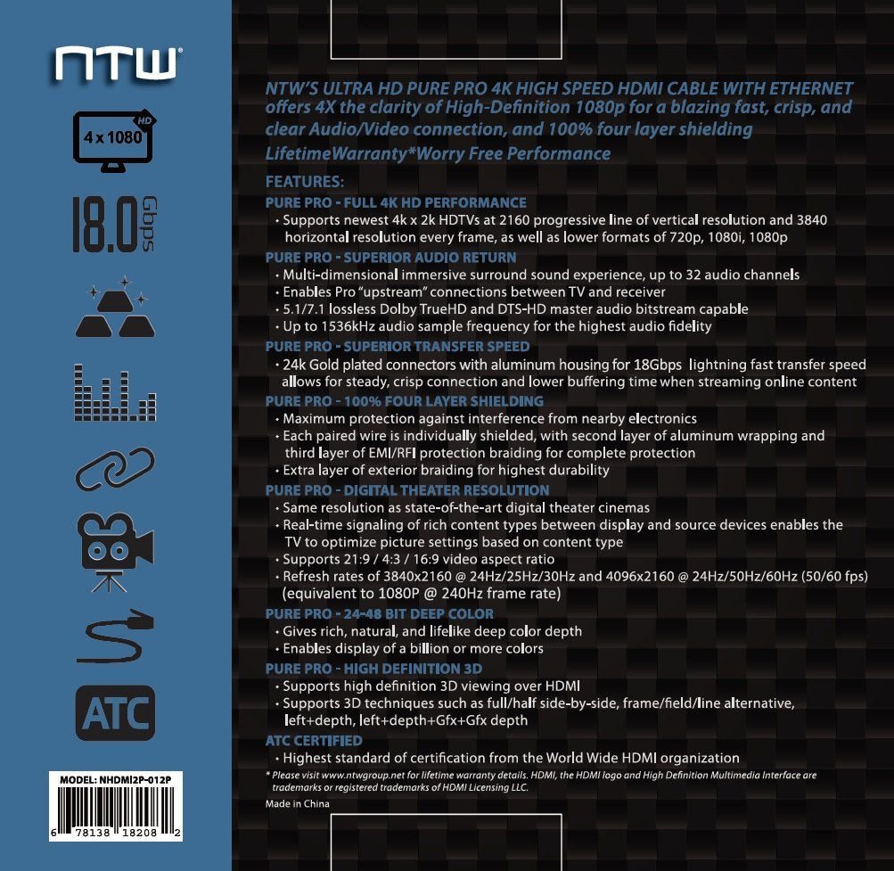 NTW PURE PRO 4K HDMI Cable 12FT High Speed 18Gbps HDMI 2.0 Cable, 4K HDR, Ultra HD Cable 3D, 2160P, 1080P, Ethernet, Audio Return(ARC), Compatible