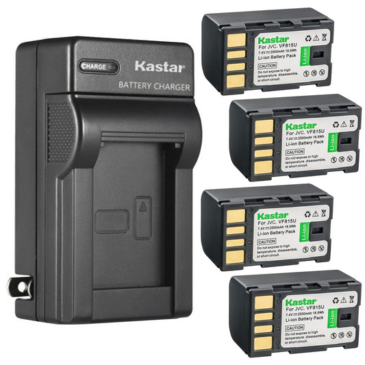Kastar 4-Pack Battery and AC Wall Charger Replacement for JVC GZ-MG360 GZ-MG360B GZ-MG360BUC GZ-MG360BUS GZ-MG360S GZ-MG361 GZMG361US GZ-MG361US