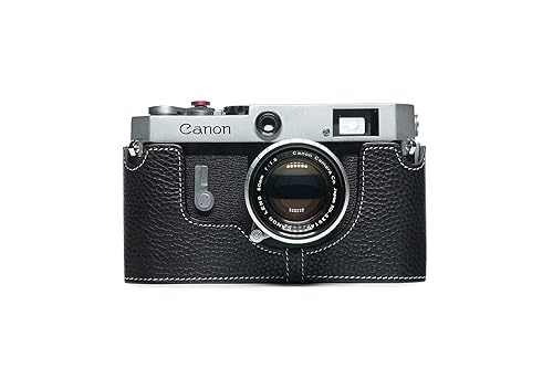 for Canon P Case, BolinUS Handmade Genuine Real Leather Half Camera Case Bag Cover for Canon 7 7S P VL VL2 ViL Camera with Hand Strap (Black)