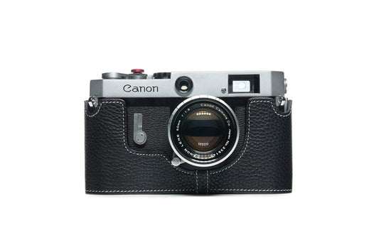 for Canon P Case, BolinUS Handmade Genuine Real Leather Half Camera Case Bag Cover for Canon 7 7S P VL VL2 ViL Camera with Hand Strap (Black)