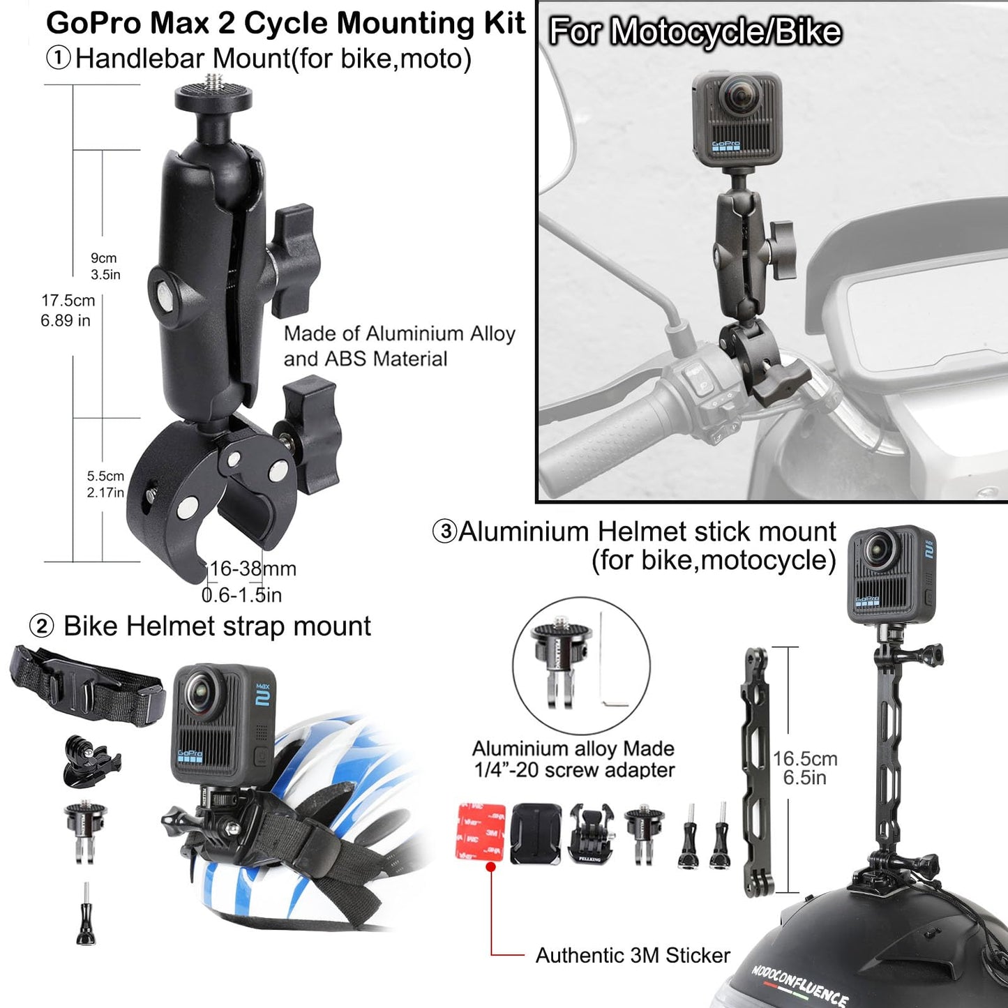 PellKing Accessories Kit for Gopro Max2,Included Carrying Case with Belt,135cm Selfie Stick Tripod,Handlebar Mount,Magnetic Mount,4 Pcs Body Strap