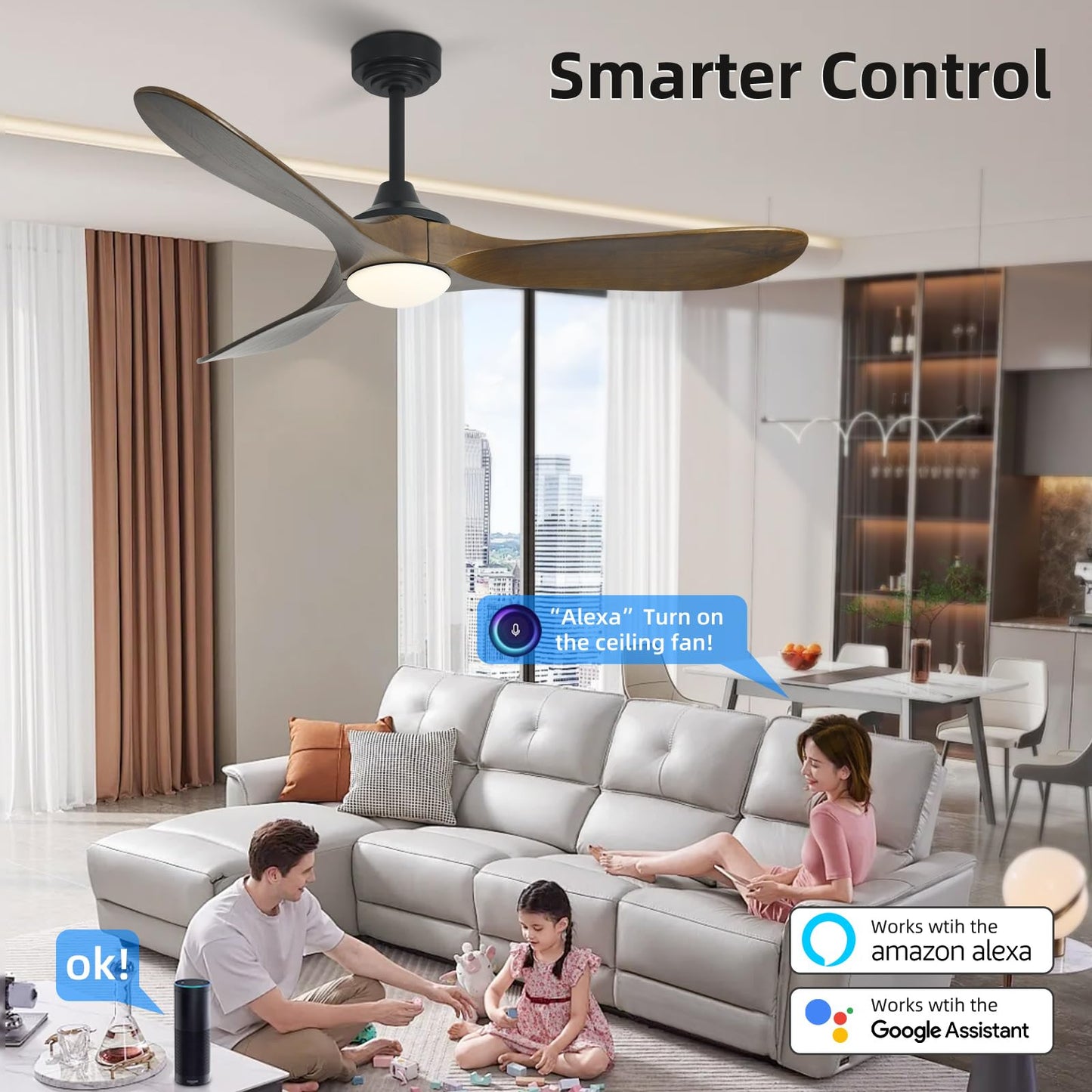 Homlit 52” Outdoor Ceiling Fan with Light, Compatible with Alexa/Google, 3 Walnut Solid Wood Blade, Noiseless Reversible Dc Motor, Smart Outdoor Wood