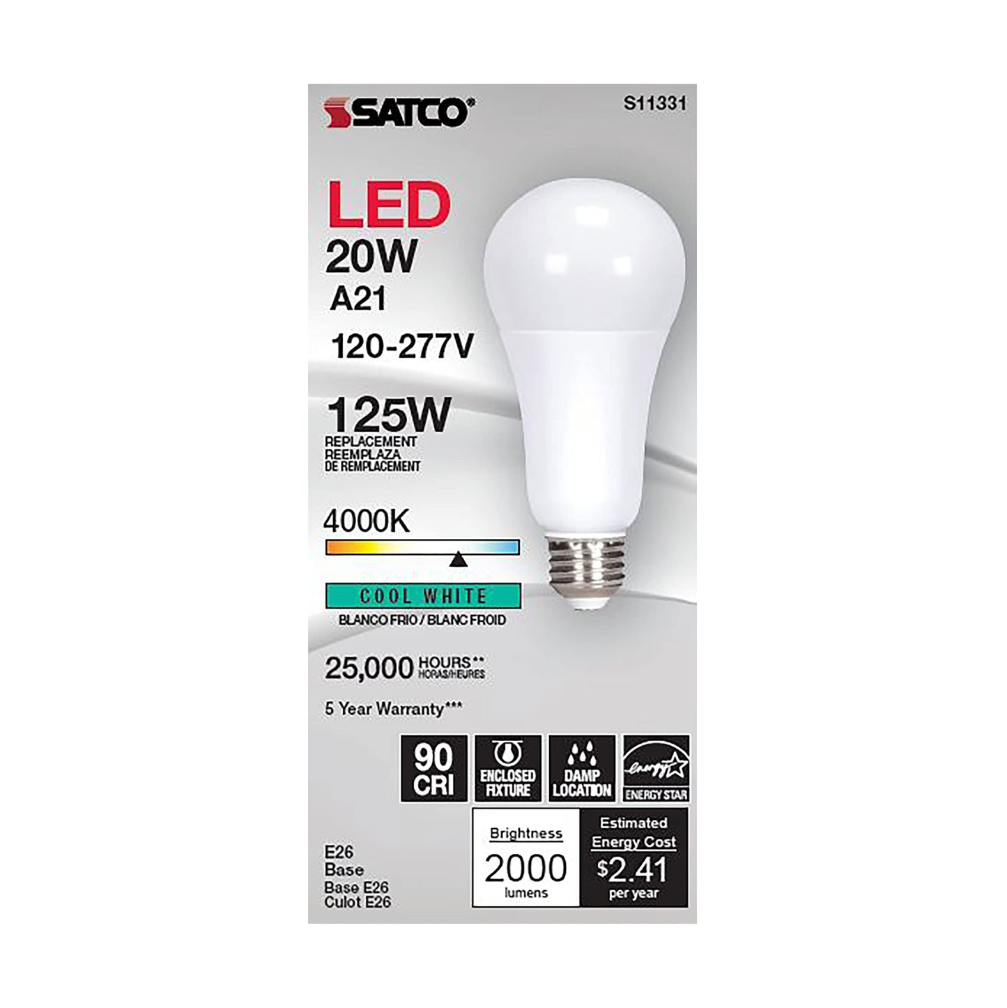 Satco S11331 20W A21 LED Light Bulb, 120-277V, 4000K, Frosted White