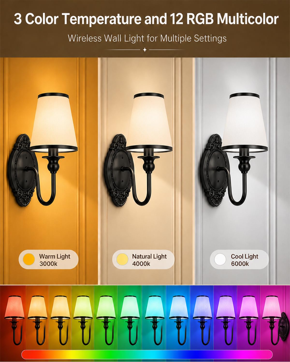 Battery Operated Wall Sconce Set of 2, Wall Sconces Set of Two with 3 Color Temperatures, 12 RGB Colors, 10%-100% Dimmable, Wireless Wall Lights