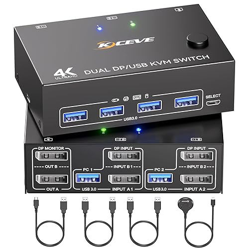 Displayport KVM Switch 2 Monitors 2 Computers 8K@30Hz 4K@144Hz, USB3.0 Dual Monitor KVM Switch for 2 Computers Share 2 Monitors and 4 USB
