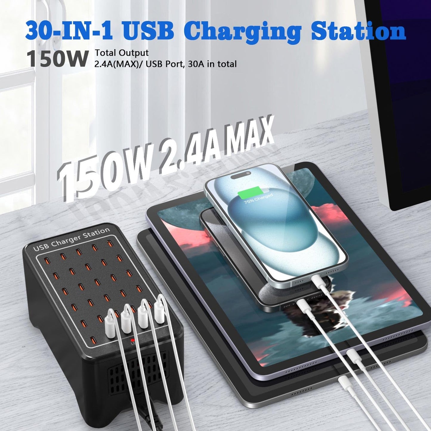 USB C Charger Station 150W, 30 Port USB Charger Block USB Charging Hub, Multiport USB C Charger Desktop Charger Compatible with iPhone