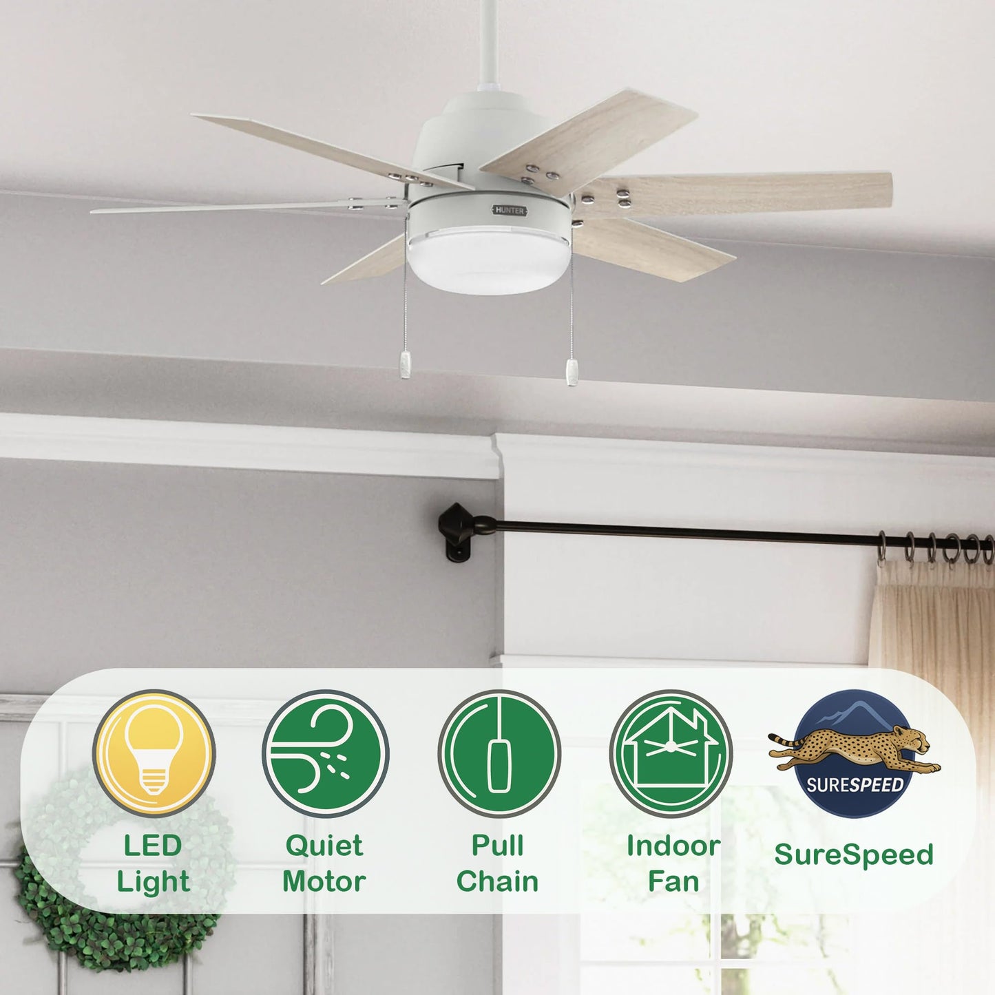 Hunter Fan 44 inch White Indoor Ceiling Fan with Light, Small Ceiling Fan with Pull Chain, 6 Blades for Kids Room, Bedroom, Office or Kitchen