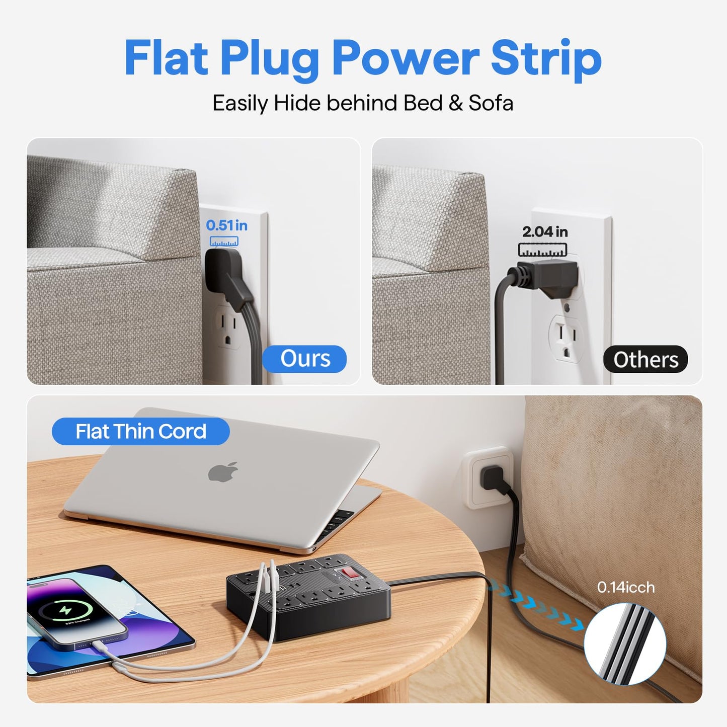 13 in 1 Surge Protector Power Strip Flat Plug 8 Widely AC Outlet 3 USB Ports,1250W/10A?5 ft Extension Cord with Multiple Outlets, Desk Extender