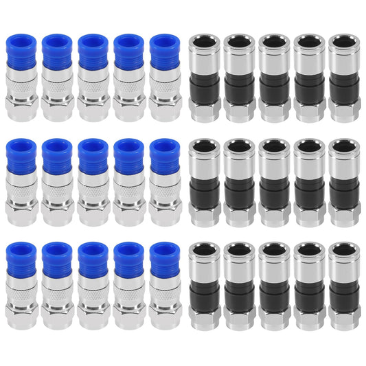 30pcs RG6 Compression Connector F Type Connectors Straight Antenna Cable Connector Coax Adapter(Black+Blue)