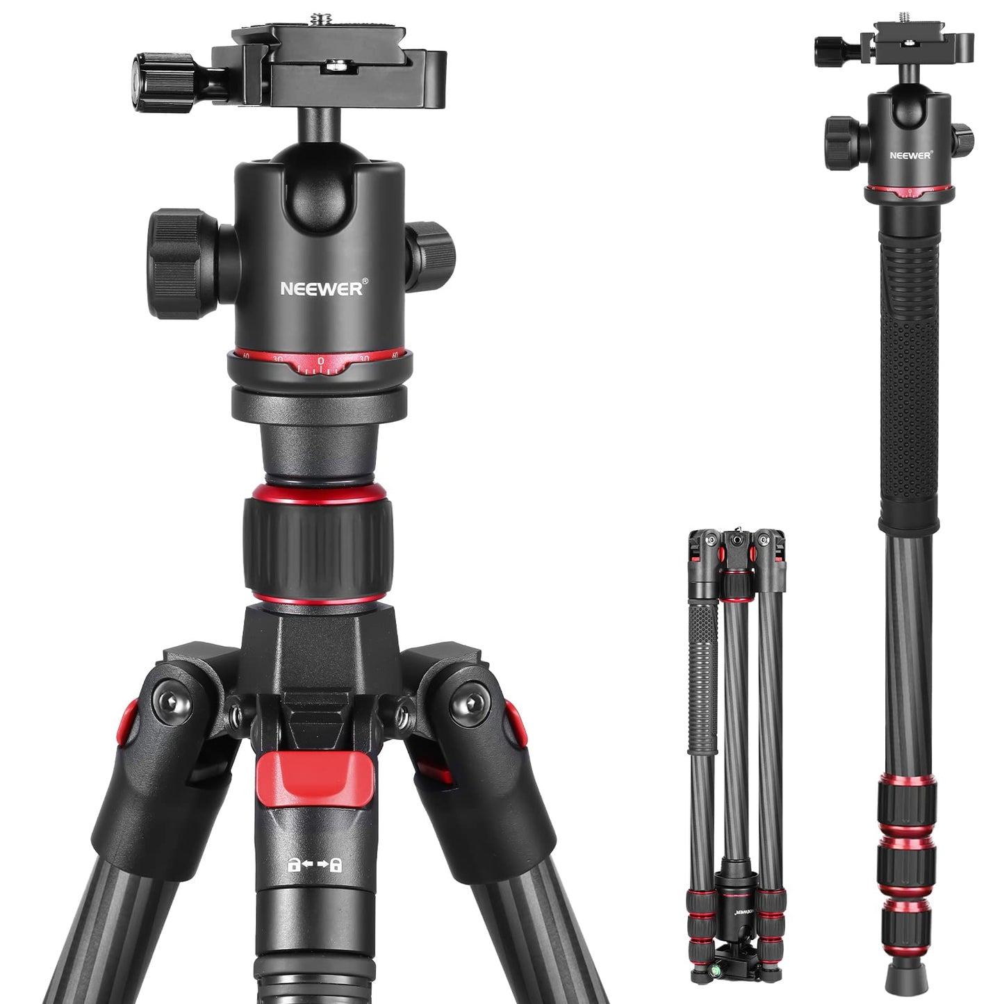 NEEWER 66"/168cm Carbon Fiber Tripod for Camera with 360° Panorama Ball Head, 1/4" Arca QR Plate, Portable Bag, Compact Travel Tripod Monopod for DSLR