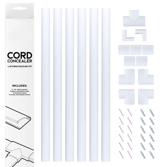 Cord Concealer System Covers Cables, Cords, or Wires - Cable Cover Management Raceway Kit for Hiding TV Power Cords in Home or Office(Drywall Anchor)