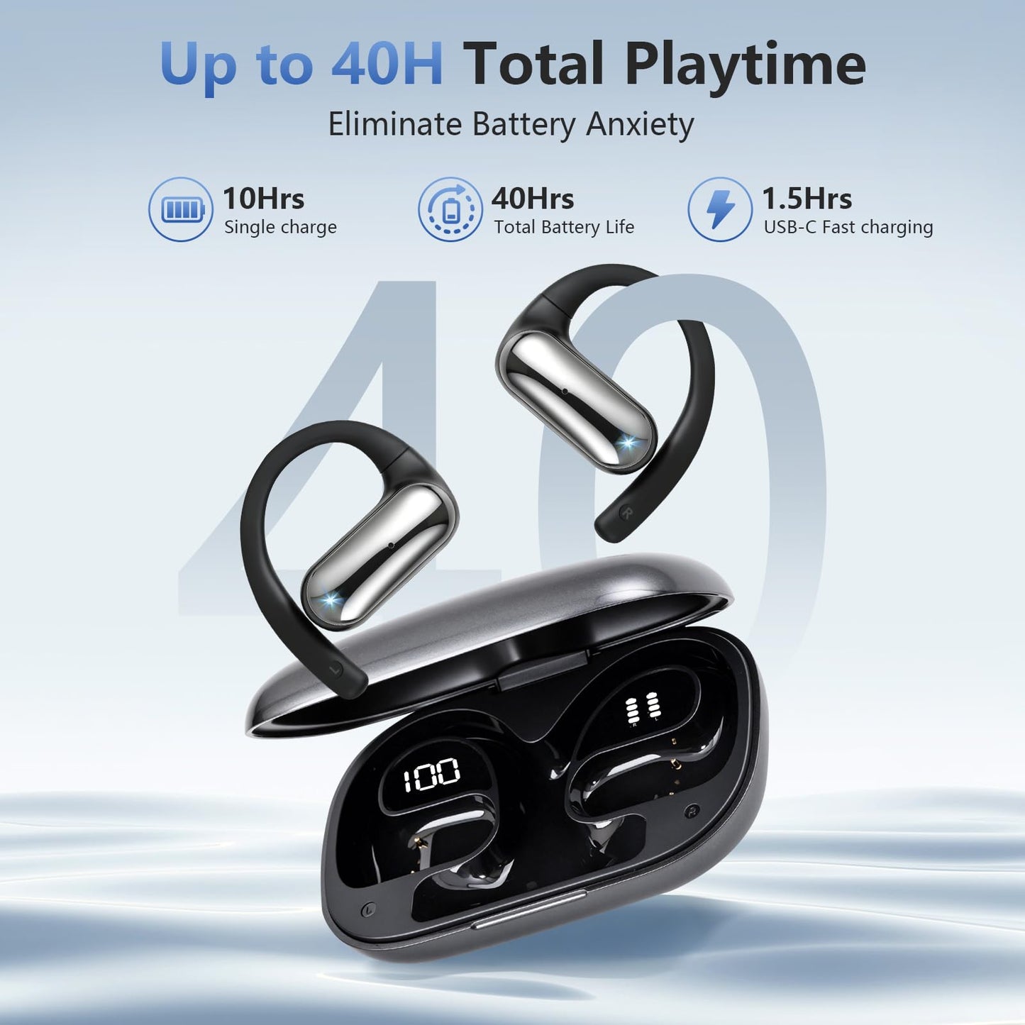 PPBP Open Ear Headphones Wireless Bluetooth 6.1, Over Ear Earbuds with Ergonomic Earhooks, 40H Playtime Sports Wireless Earbuds, IPX6 Waterproof