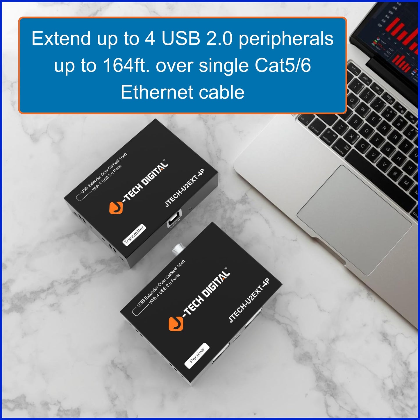 J-Tech Digital USB 2.0 Extender Over Single Cat5e/6 Ethernet 164ft, 4-Port USB 2.0 Hub for Webcam Keyboard Mouse Printer, Plug and Play for Windows