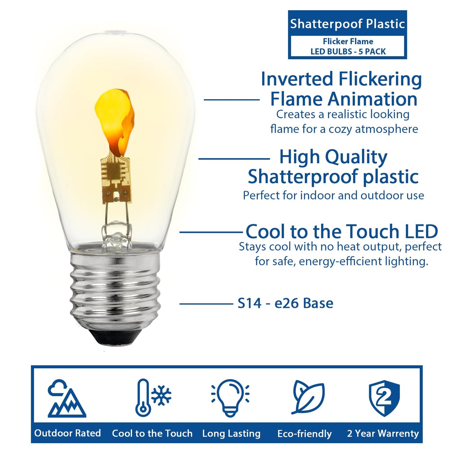 Festive Living Flicker Flame S14 LED Light Bulbs, 5 Pack, Ultra Warm Tone