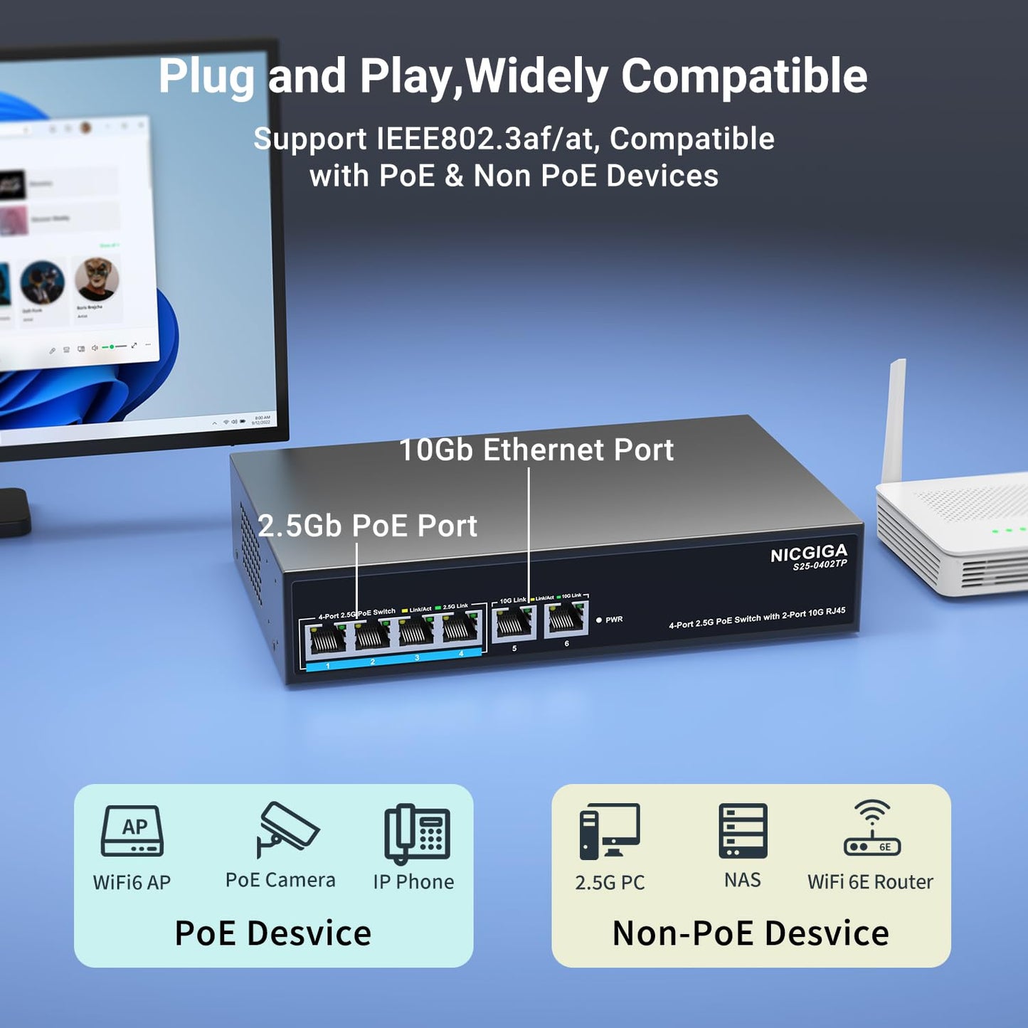 6 Port 2.5Gb PoE Switch Unmanaged with 4 Port 2.5G Base-T PoE+@65W + 2 x 10G RJ45 Uplink, NICGIGA 6 Port 2.5Gbe IEEE802.3af/at Power Over Ethernet