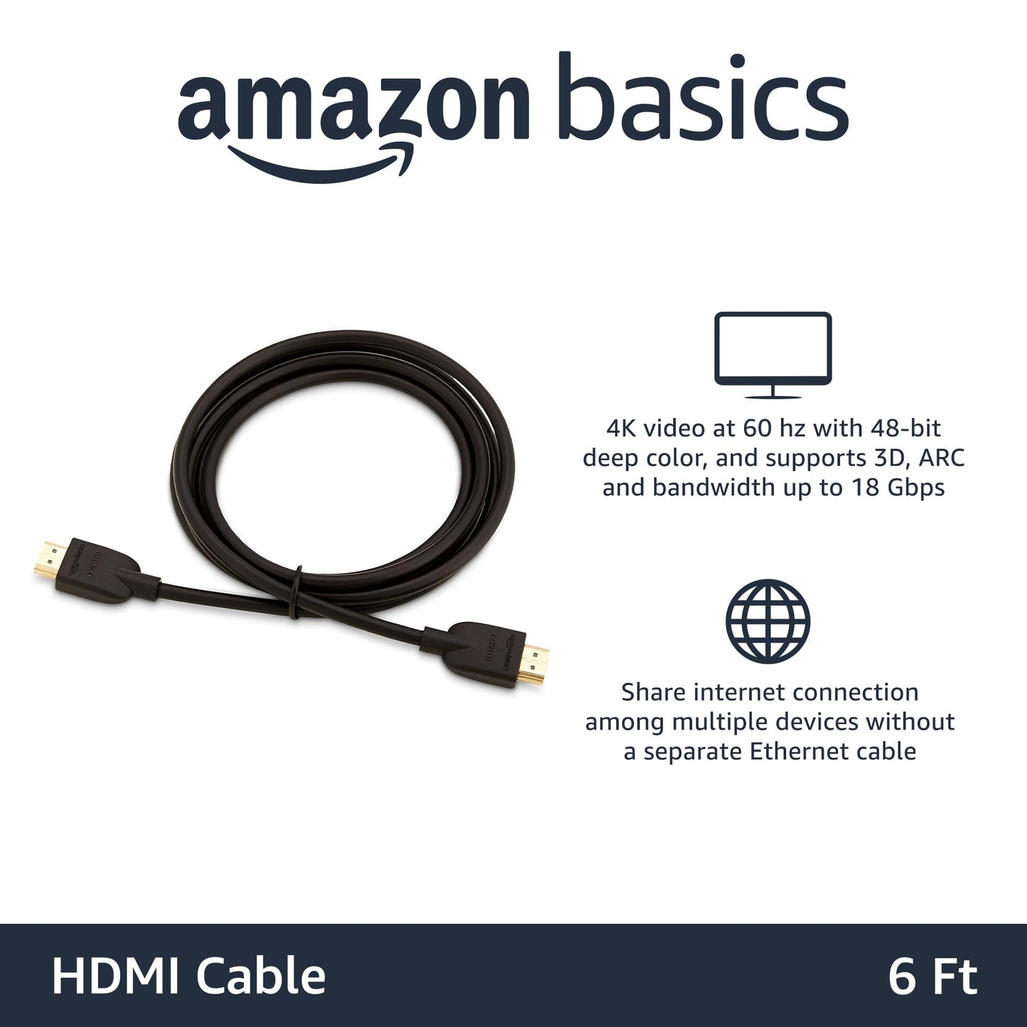 Amazon Basics High-Speed 4K Ultra HD HDMI 2.0 Cable/Cord, 6 feet, 1-Pack, Case of 84, 18 Gbps, 60 Hz, 2160p, 48 bit, Male-to-Male, Ethernet Ready, 3D