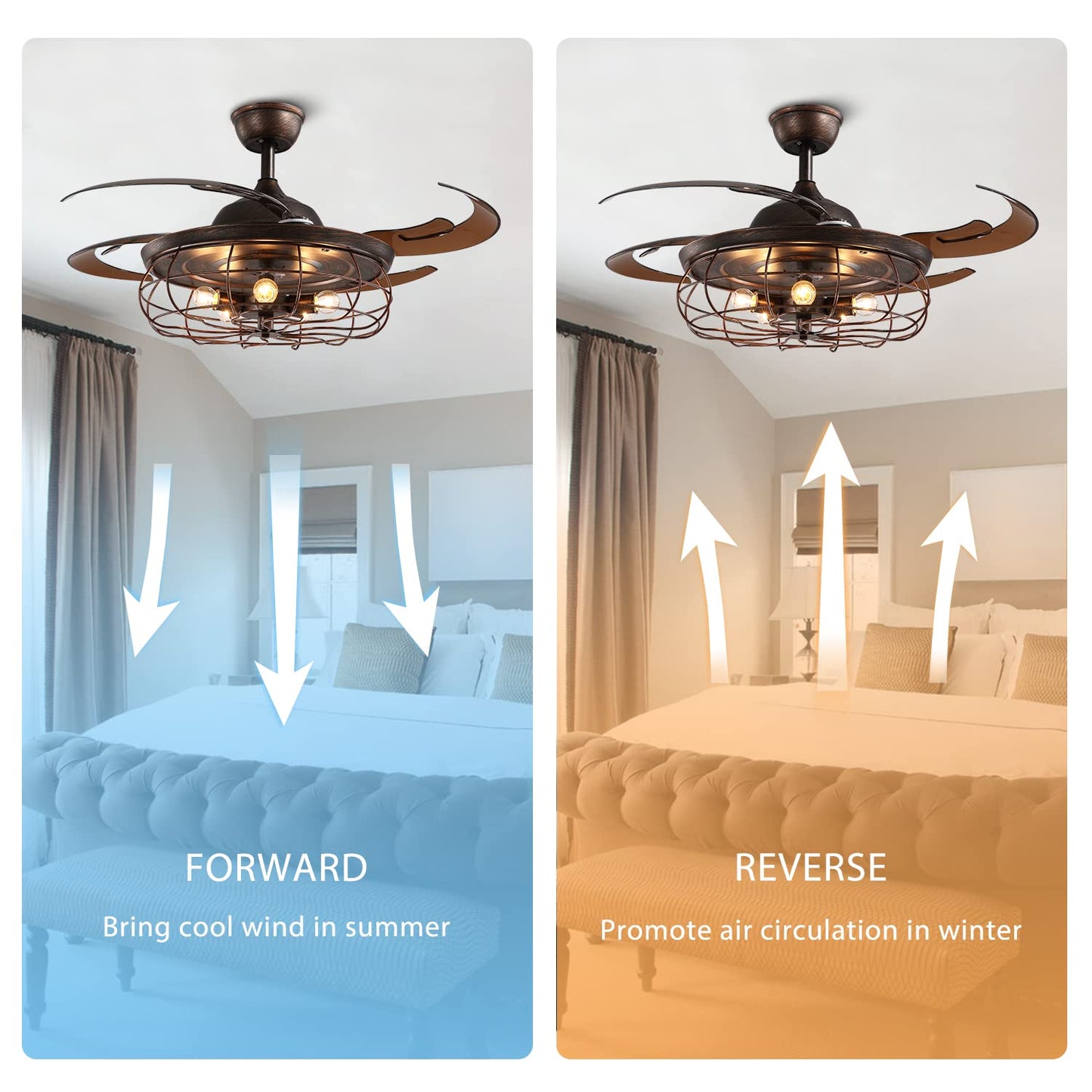 CROSSIO 48 Inches Retractable Caged Ceiling Fan with Lights, Reverse Industrial Rusty Fandelier Fan Chandelier with Remote Control for Living Room