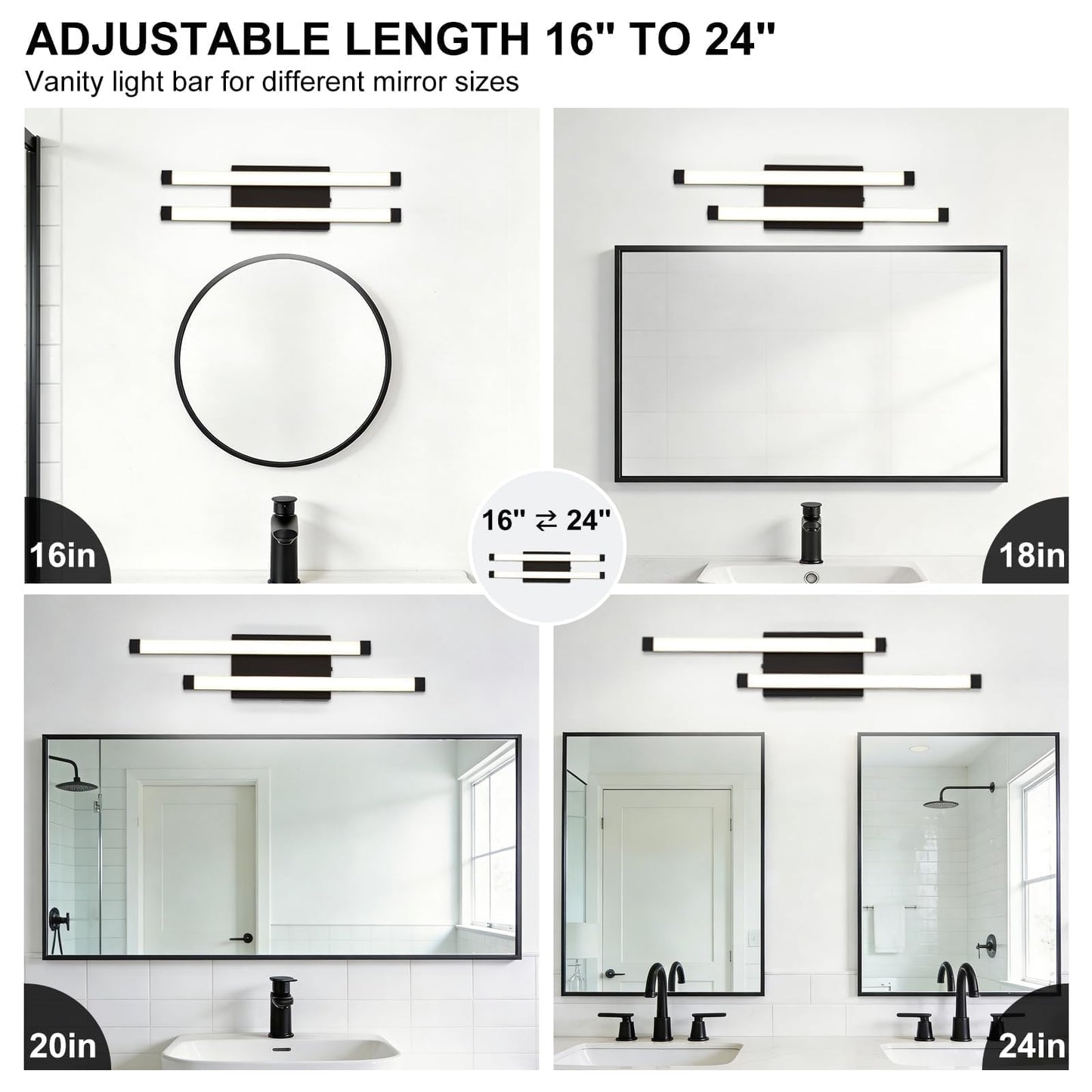 Bathroom Vanity Light Bar, 24 Inch Modern Black LED Vanity Light, 18W 3 CCT 3000K 4000K 6000K Dimmable Hardwired Bathroom Light Fixtures Over Mirror
