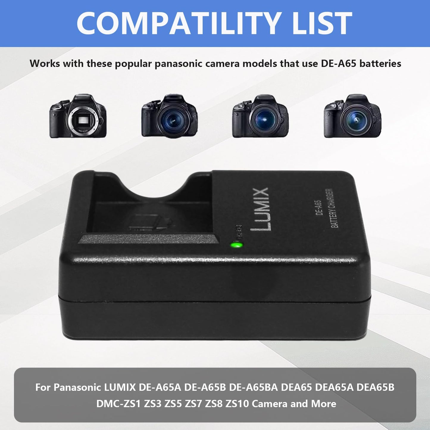 DE-A65 Camera Battery Charger for Panasonic? LUMIX DE-A65A DE-A65B DE-A65BA DEA65 DEA65A DEA65B DMC-ZS1 ZS3 ZS5 ZS7 ZS8 ZS10 Camera DMW-BCG10GK