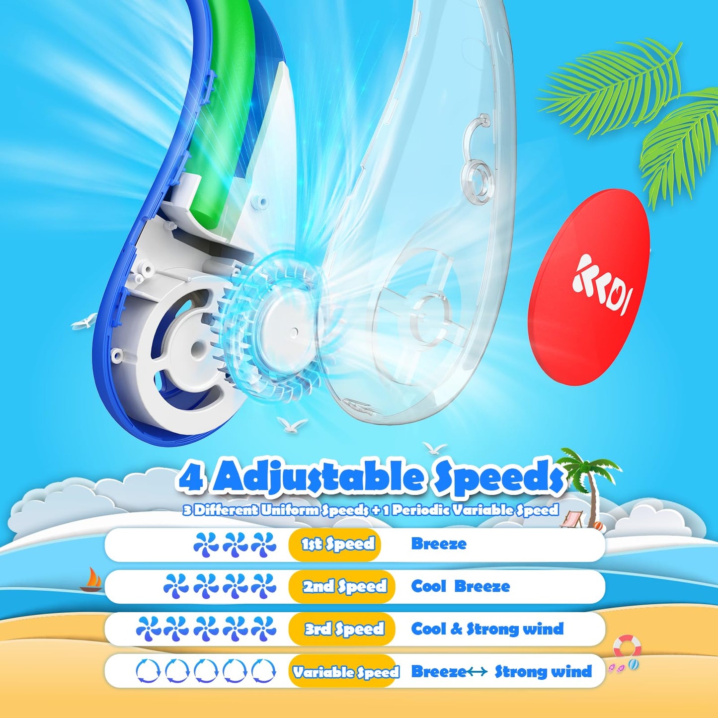 Kids Neck Fan, Portable Bladeless Neck Fan for Kids 4-14Y, 2600mAh Rechargeable Wearable Fan for Girls Boys, 4 Speeds Lightweight Quiet Cooling Fan
