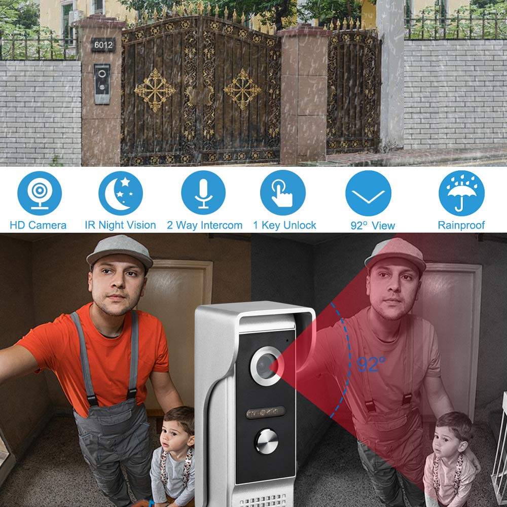 AMOCAM Video Intercom System, 7 Inches Monitor Wired Video Door Phone Doorbell Kits, Indoor Outdoor IR Camera Support Unlock, Monitoring, Dual-Way