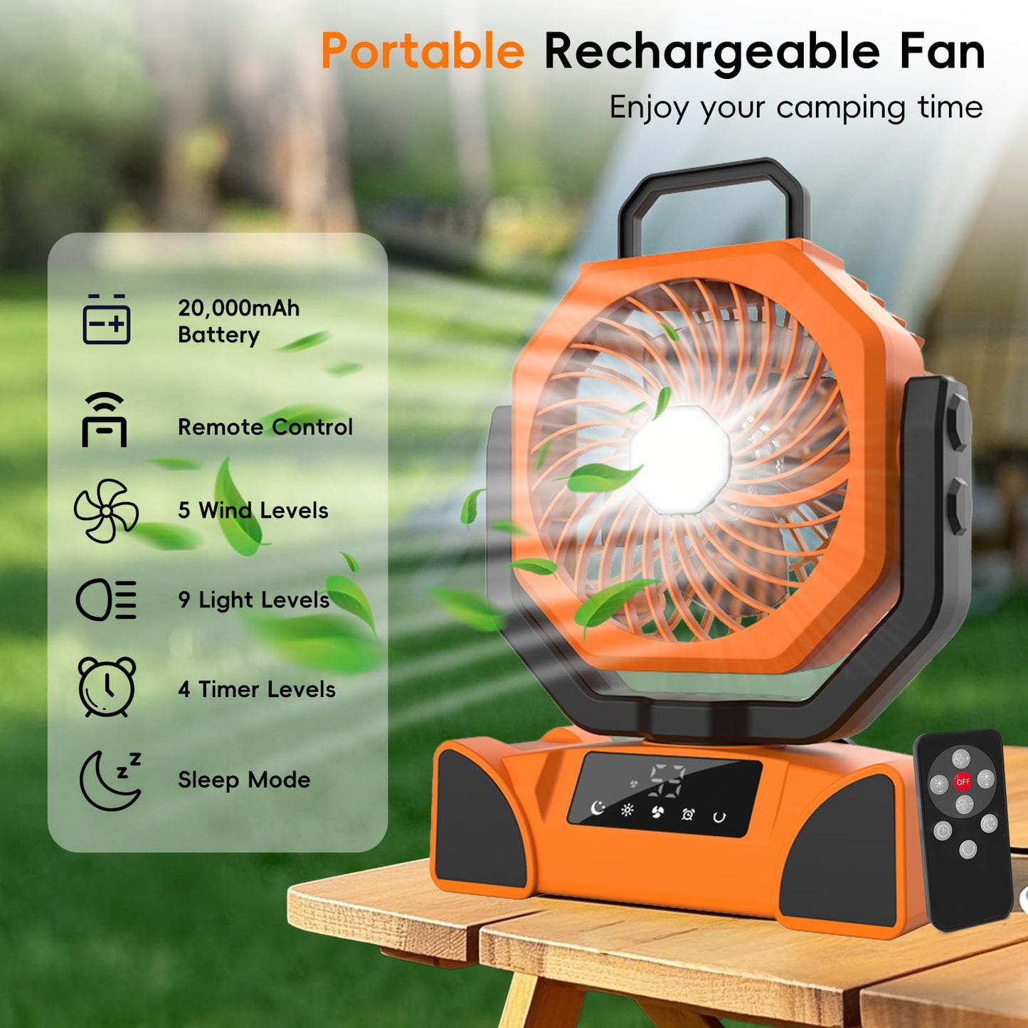 Portable Camping Fan, 20000mAh Rechargeable Battery Operated with LED Light
