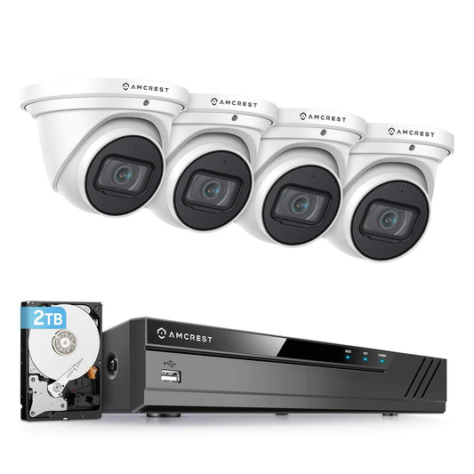 Amcrest 4K POE Security Camera System with 4K 8Ch PoE NVR (4) x 8 Megapixel Turret IP POE Cameras (3840x2160) Pre Installed 2TB Hard Drive