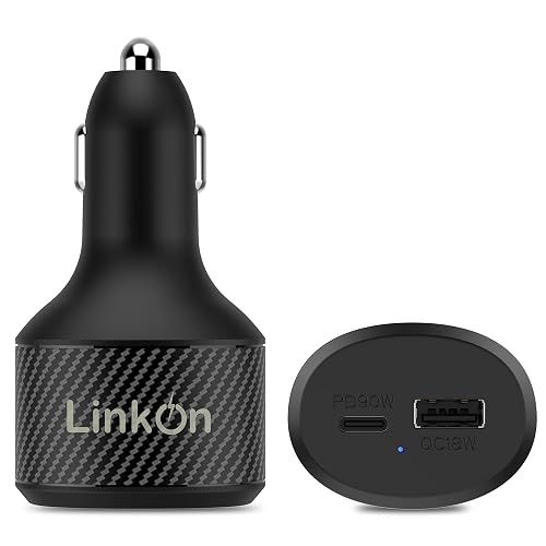 LinkOn 112W USB C Car Charger PD 3.0 (90W) PPS + USB A QC 3.0 (18W) - Fast Dual Port Car Adapter Compatible with MacBook, Dell, HP, iPad, iPhone