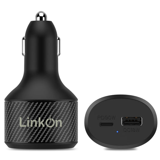 LinkOn 112W USB C Car Charger PD 3.0 (90W) PPS + USB A QC 3.0 (18W) - Fast Dual Port Car Adapter Compatible with MacBook, Dell, HP, iPad, iPhone