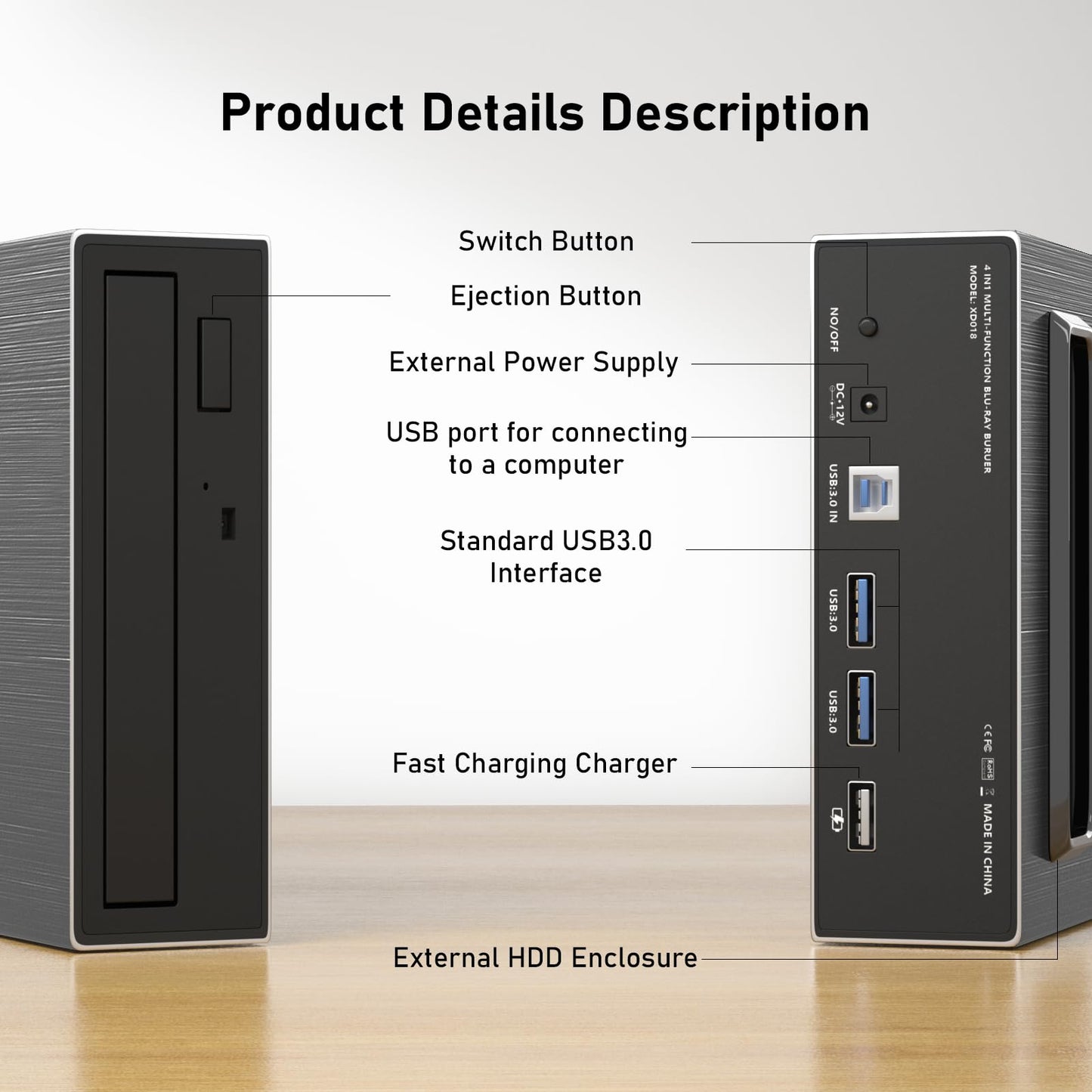 mthstec 4 in 1 External Blu Ray Drive, 16x USB 3.0 and Type-C External Bluray Drive, Multi-Function Fast-Charging Desktop BD/CD/DVD Burner/Read