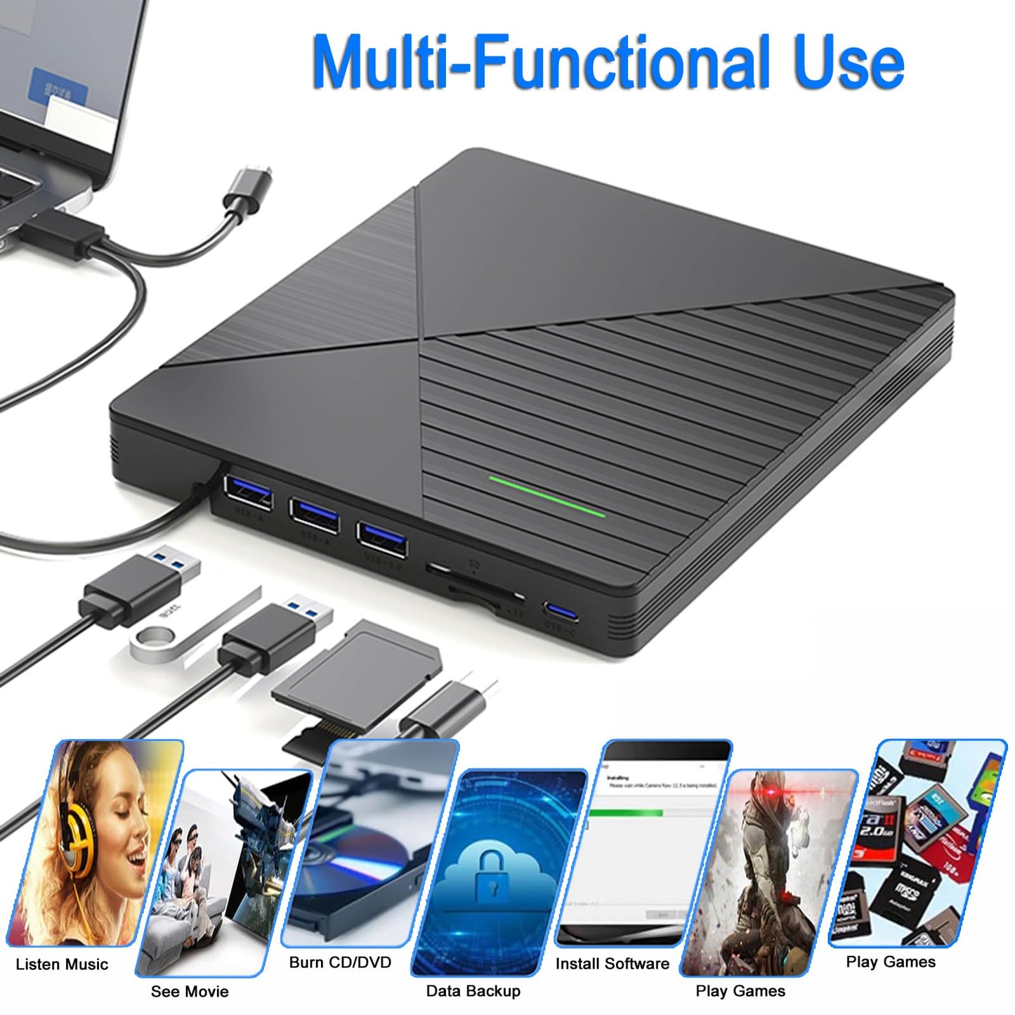 External CD DVD Drive for Laptop Mac with 3 USB Ports and 2 TF/SD Card Slots,USB 3.0 & USB-C CD DVD Optical Disc Reader Burner Player for MacBook Pro